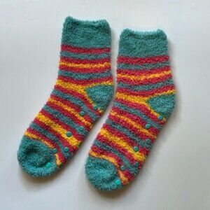 🧦💖 Fuzzy Non-Slip Socks w/ Vibrant Stripes in Teal, Pink & Yellow 💖🧦